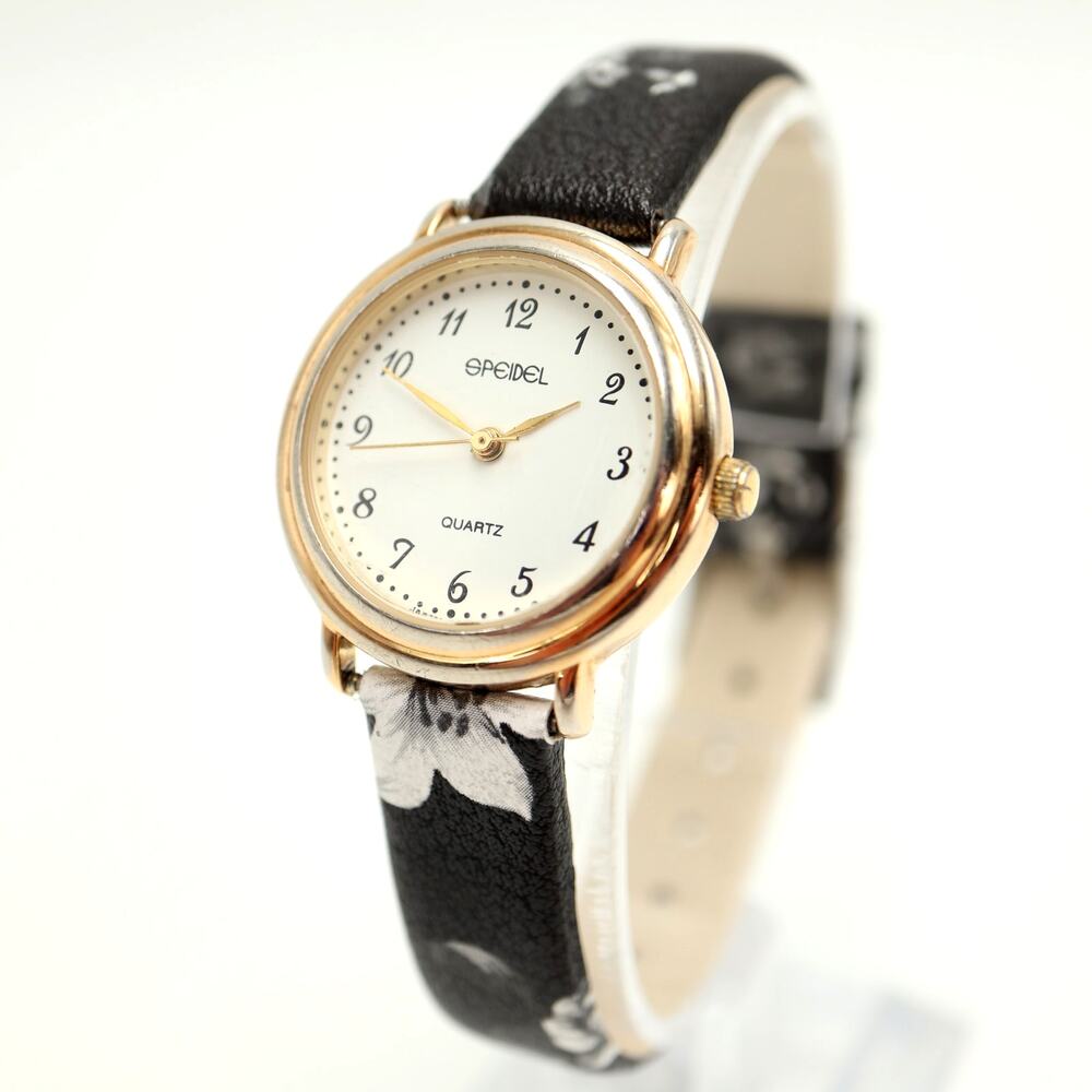 Vintage Speidel Gold Tone 28mm Womens Watch Black Floral Strap w New Battery